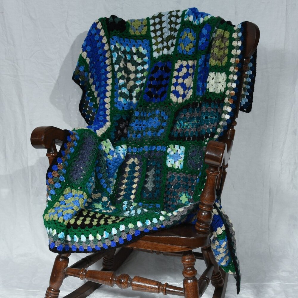 New, hand crocheted afghan throw blanket in blues & greens large 52" x 62"